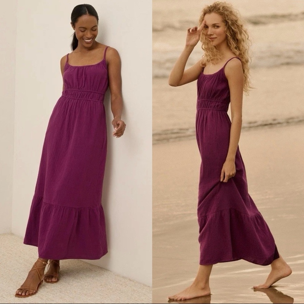 Pact Organic Cotton Coastal Double Gauze Cami Maxi Dress in Sangria